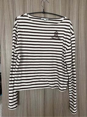 Sporty & Rich Brown & Cream Striped Embroidered Logo Long Sleeve Top – L